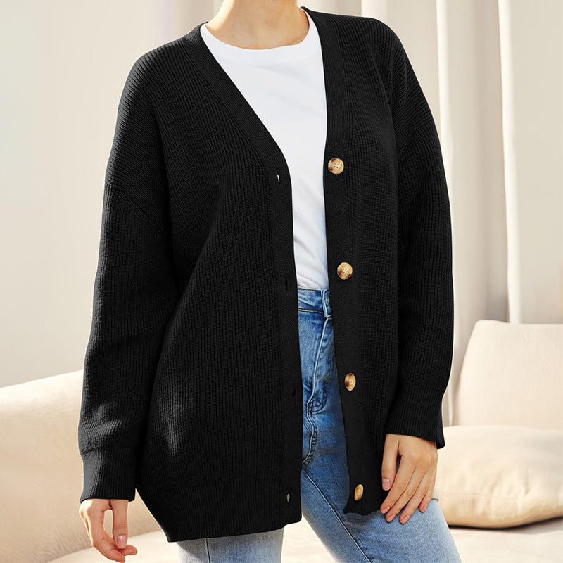 Mindy Cotton Pocketed Button Front Cardigan - Black