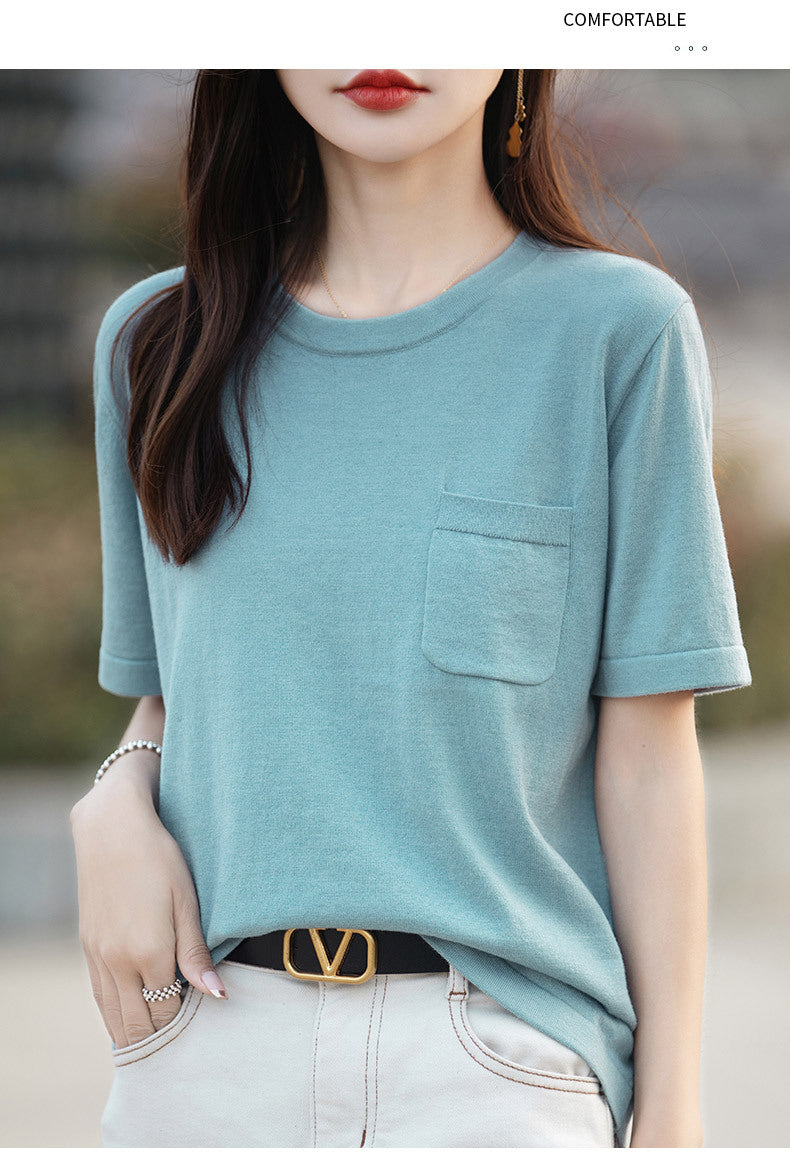Mariya Cotton Pocket Tee - Aqua Grey