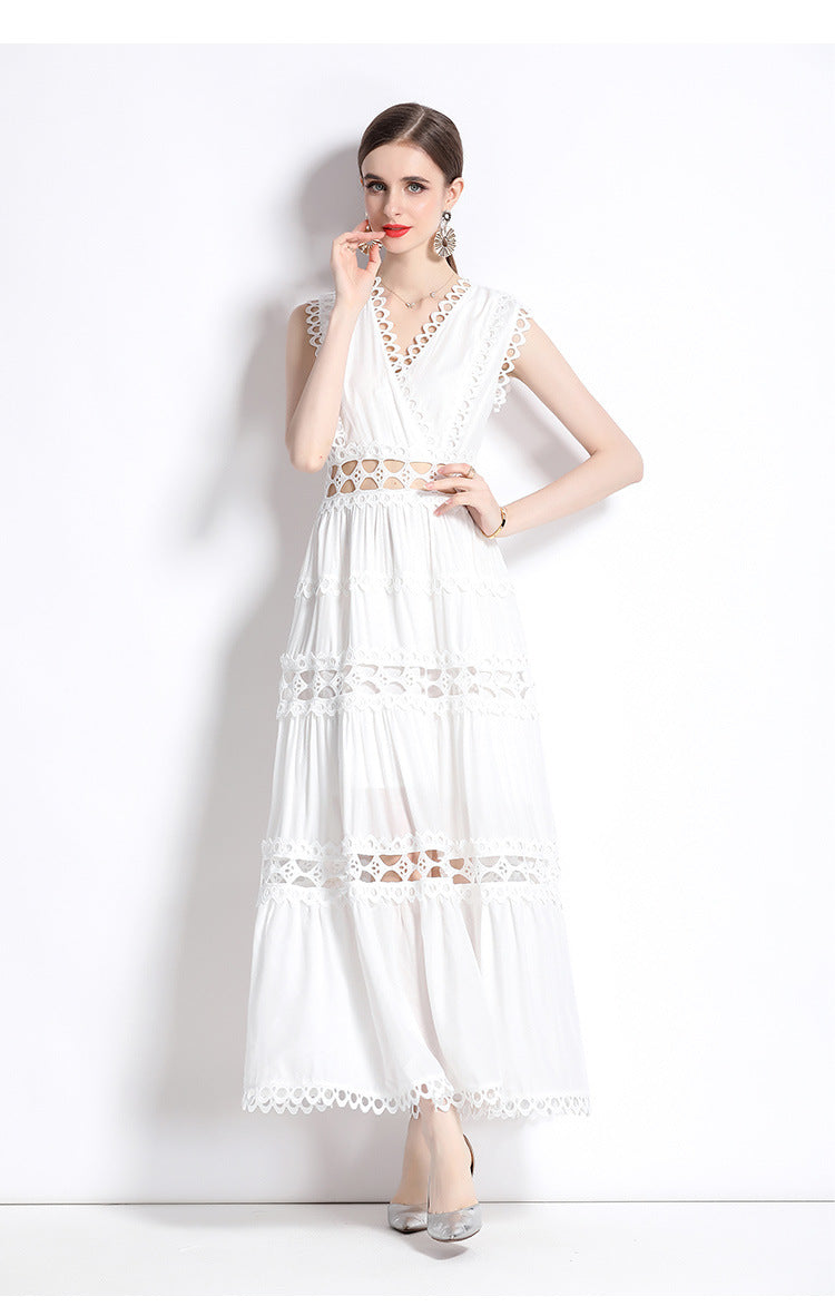 Sacha Cotton Linen Crochet Tiered Midi Dress - Black