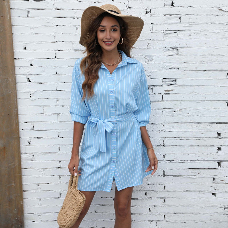 Kye Satin Striped Button Down Tie Dress - Blue