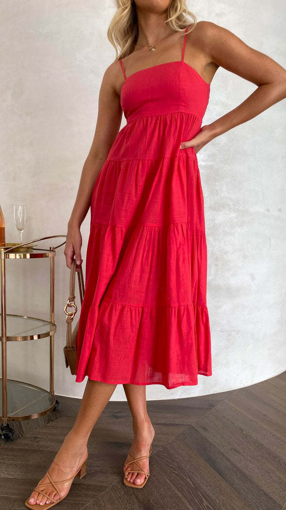 Shirley Ruffle Tiered Midi Dress - Tomato Red