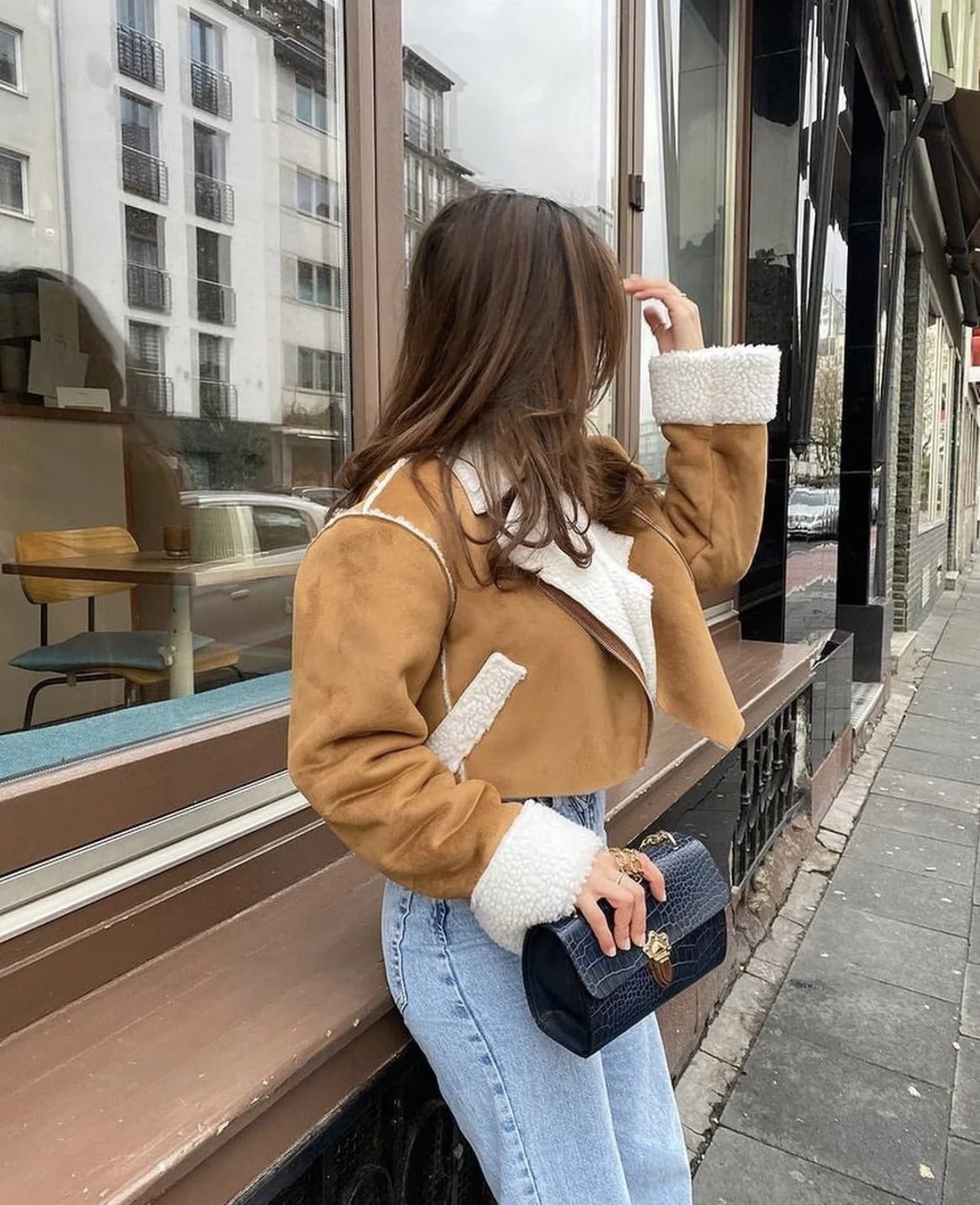 Shona Pocketed Faux Leather Sherpa Jacket - Brown