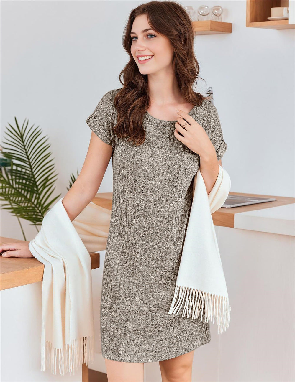 Gracen Ribbed Knit Mini Dress - Sand