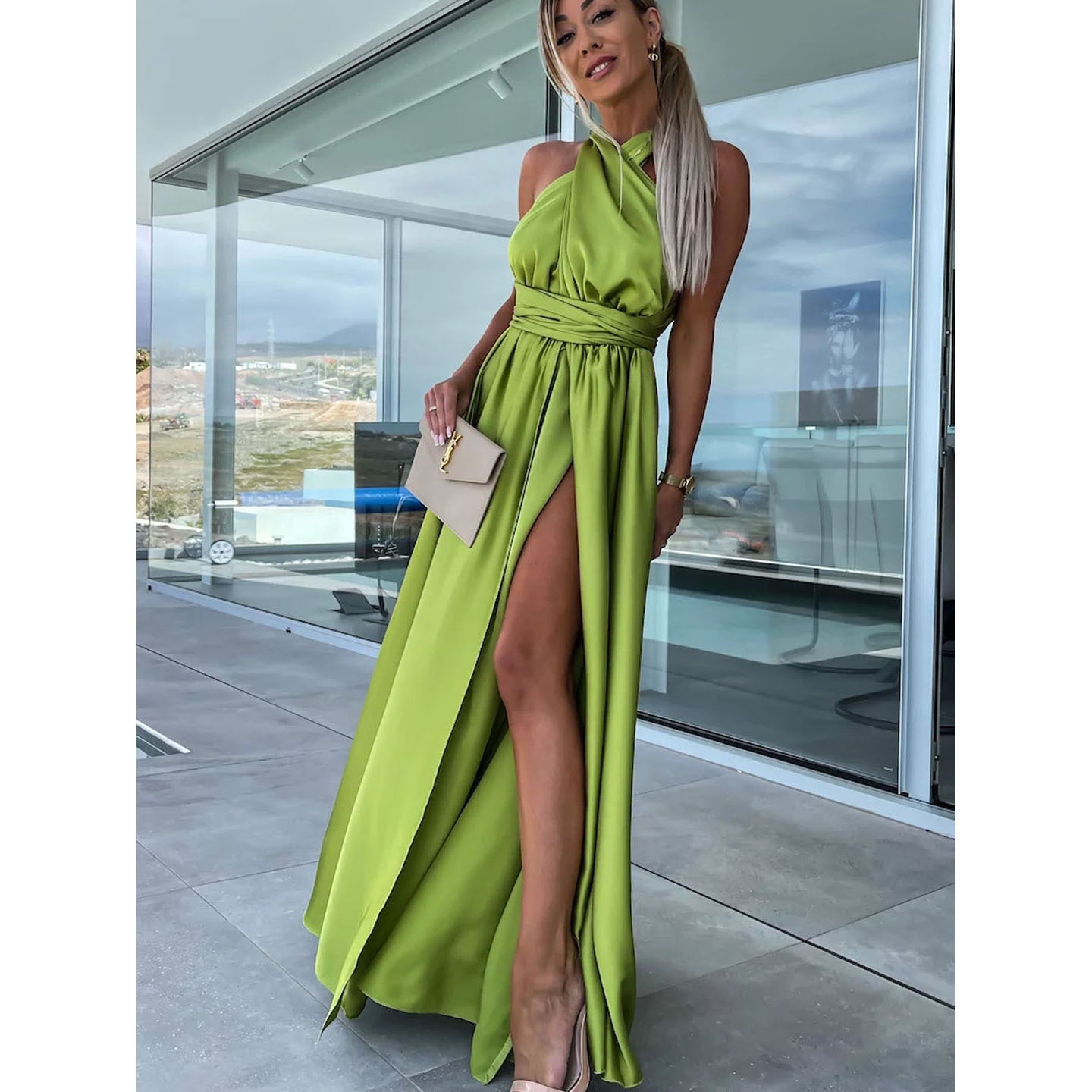 Limelight Satin High Low Maxi Dress - Camel