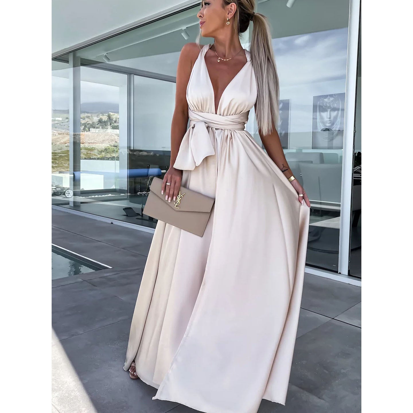 Limelight Satin High Low Maxi Dress - Camel