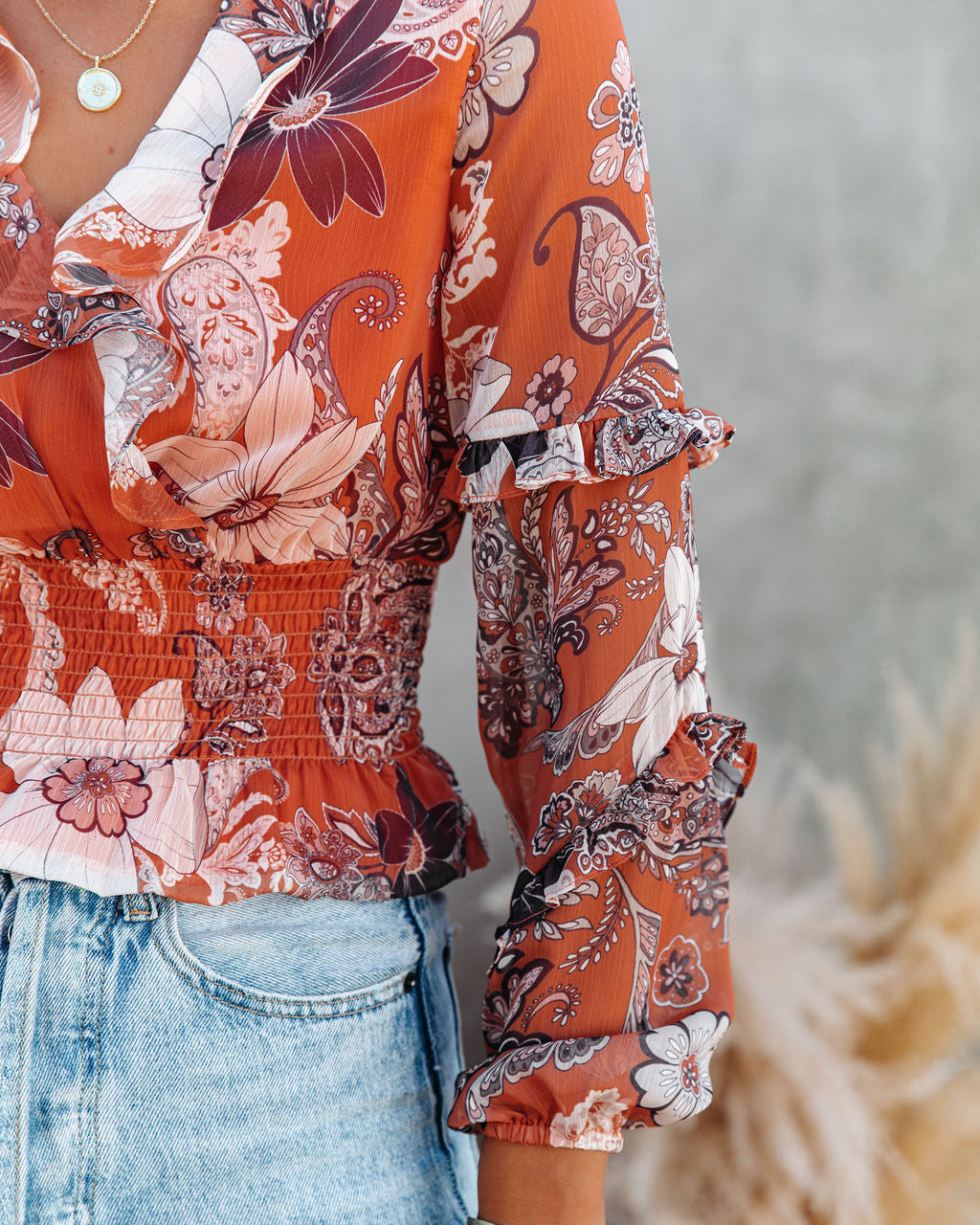 Olsen Printed Smocked Ruffle Crop Blouse