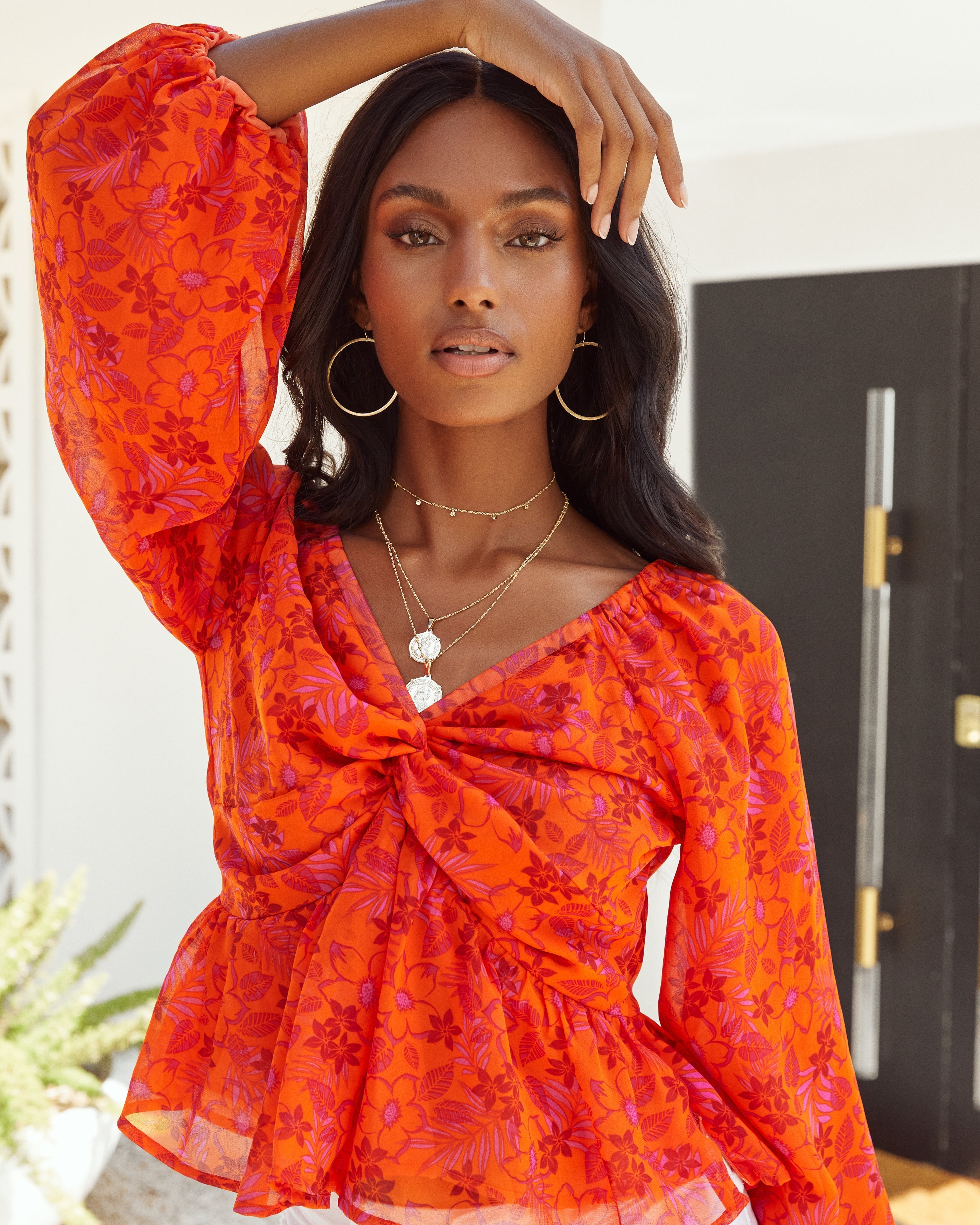 Orange Crush Balloon Sleeve Twist Blouse