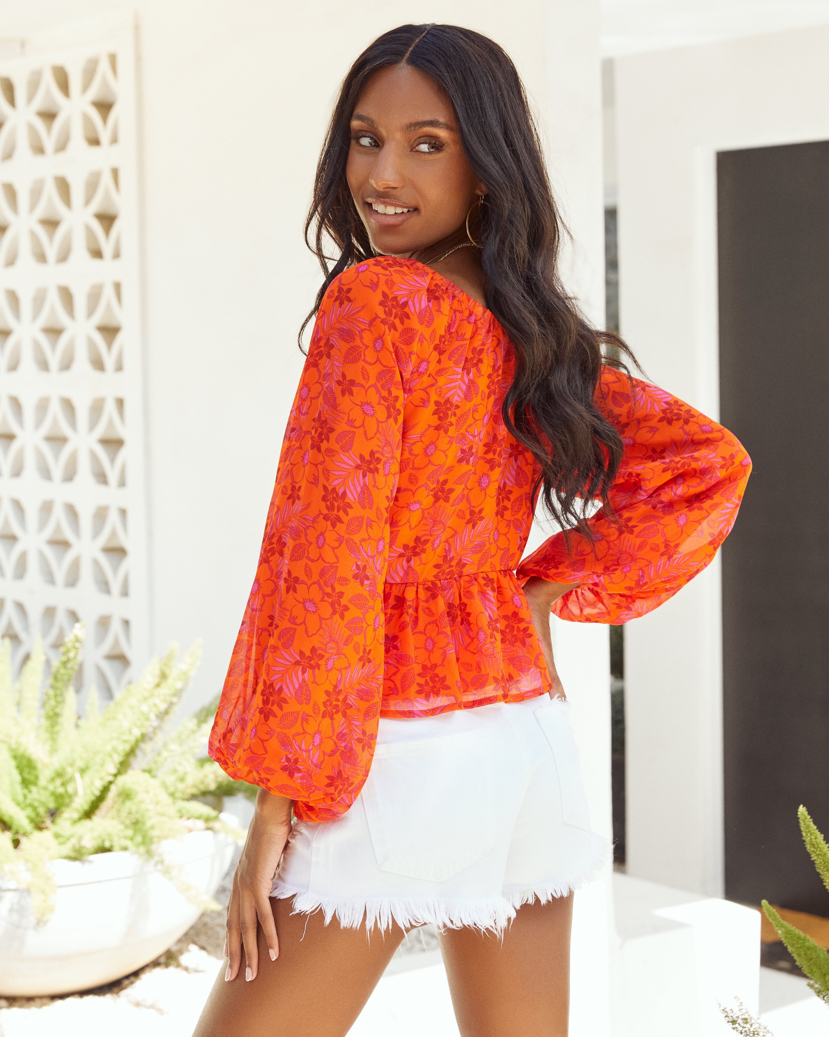 Orange Crush Balloon Sleeve Twist Blouse