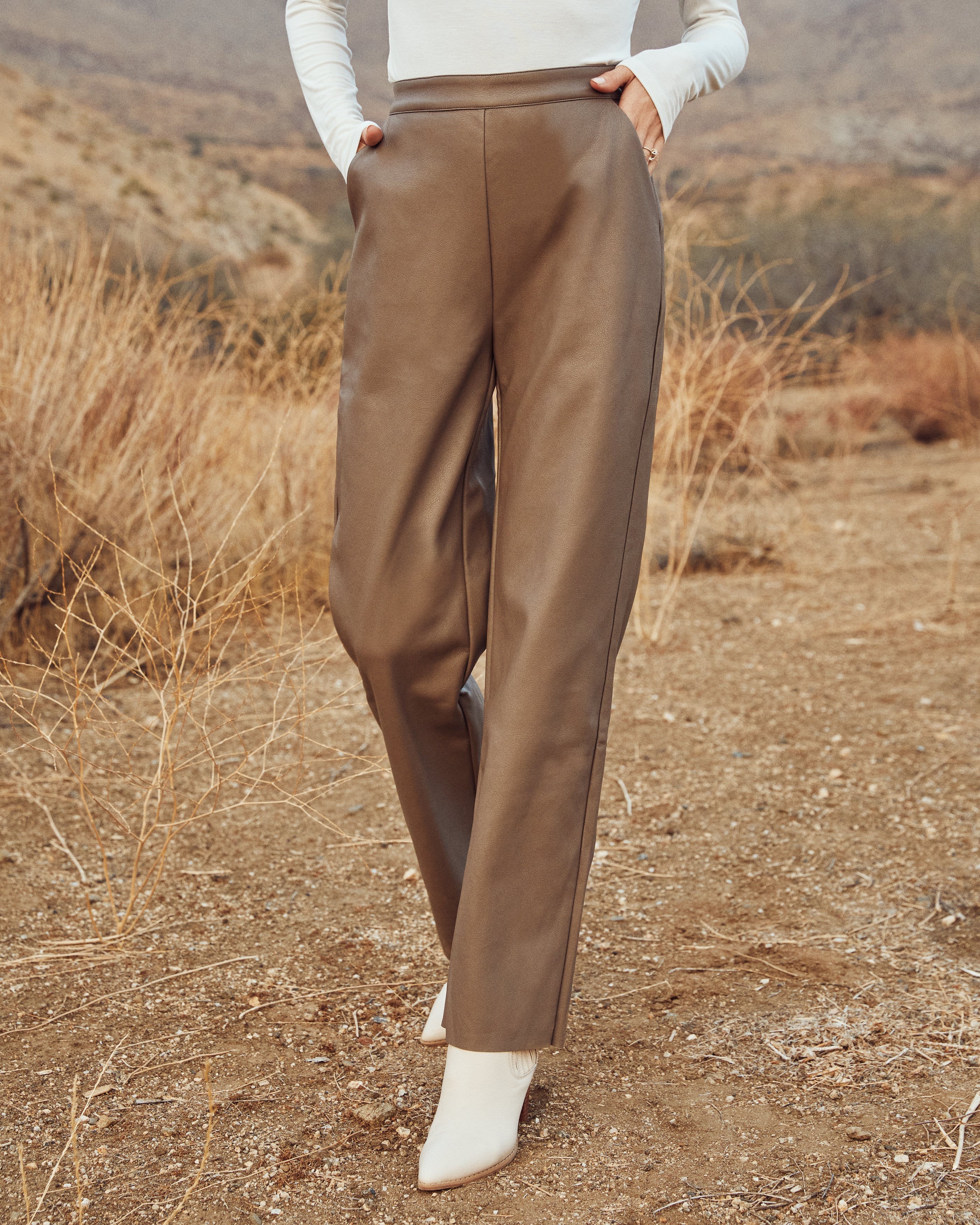 Parkhaven Pocketed High Rise Faux Leather Pants - Brown