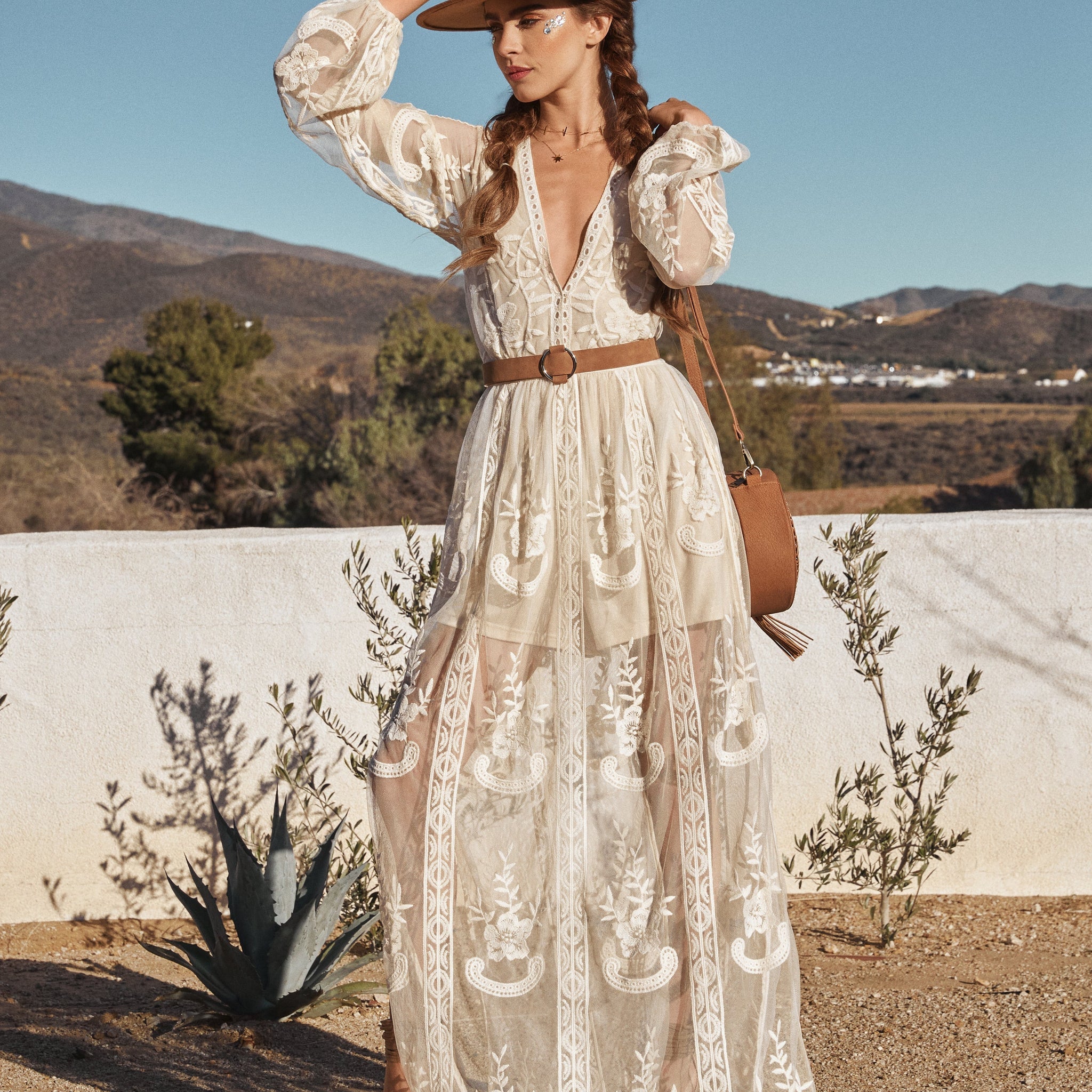 Peony Long Sleeve Lace Maxi Romper - Natural