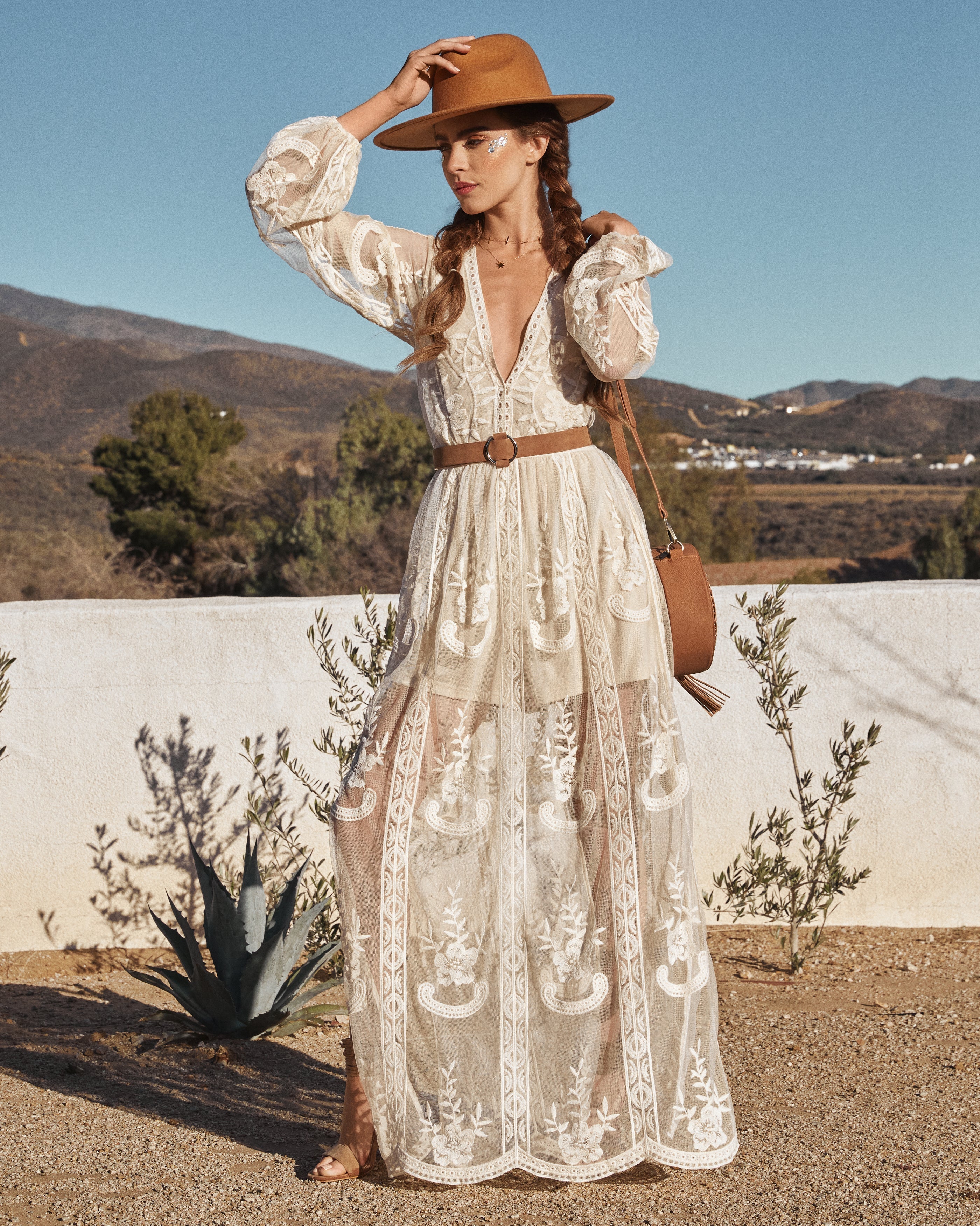 Peony Long Sleeve Lace Maxi Romper - Natural