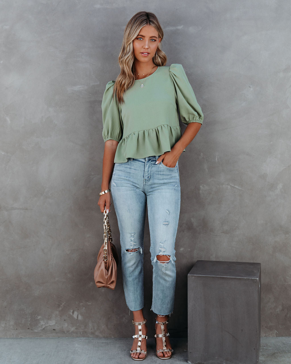 Paxie Peplum Crop Blouse - Olive