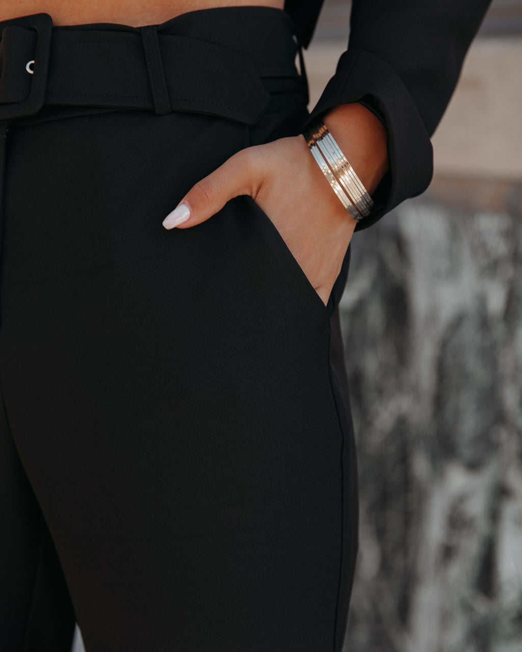 Runway Pocketed Belted Flare Trousers - Black