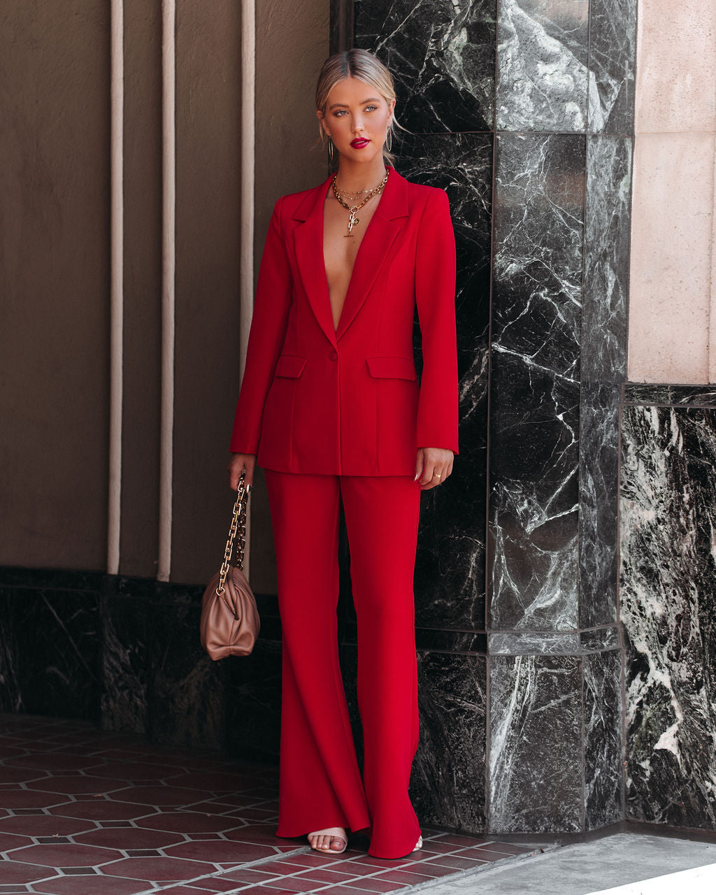 Runway Pocketed Belted Flare Trousers - Red