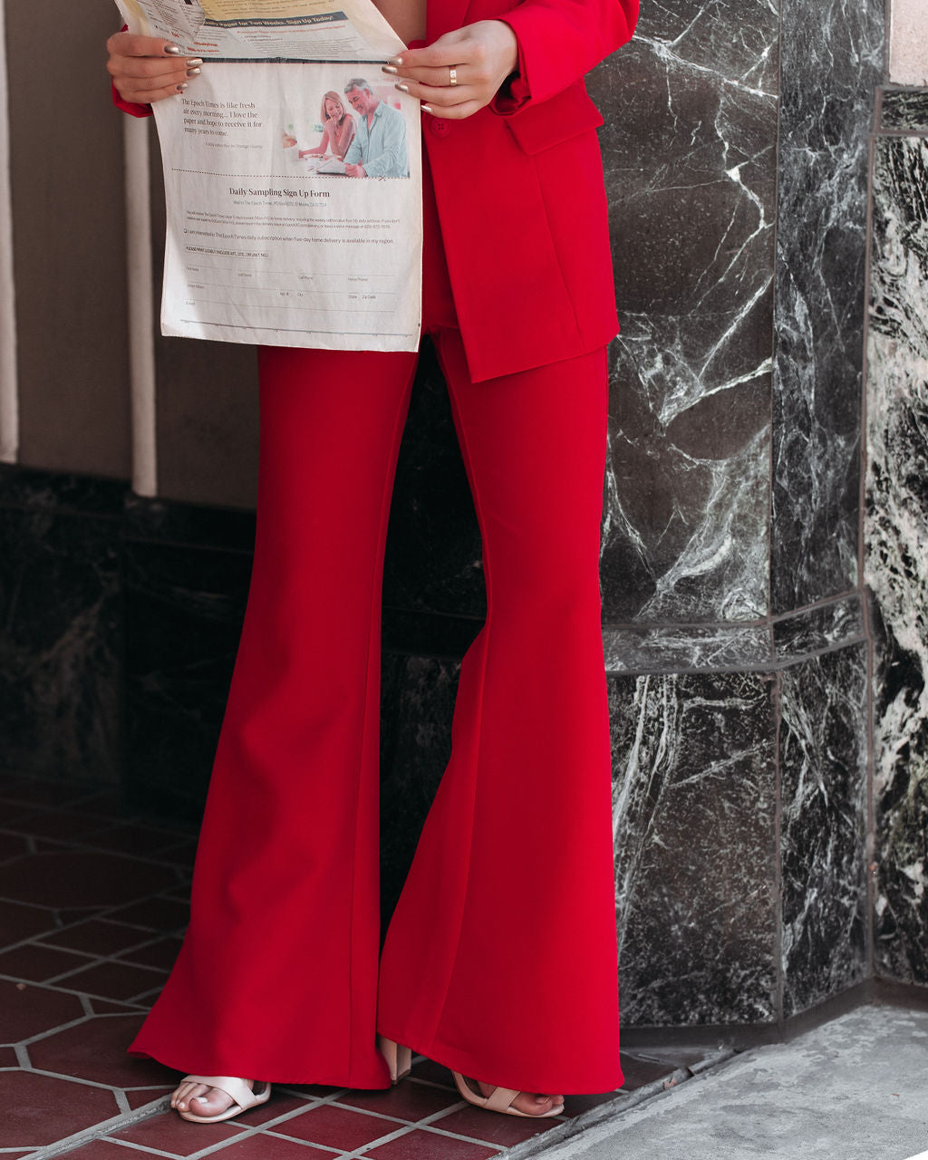 Runway Pocketed Belted Flare Trousers - Red