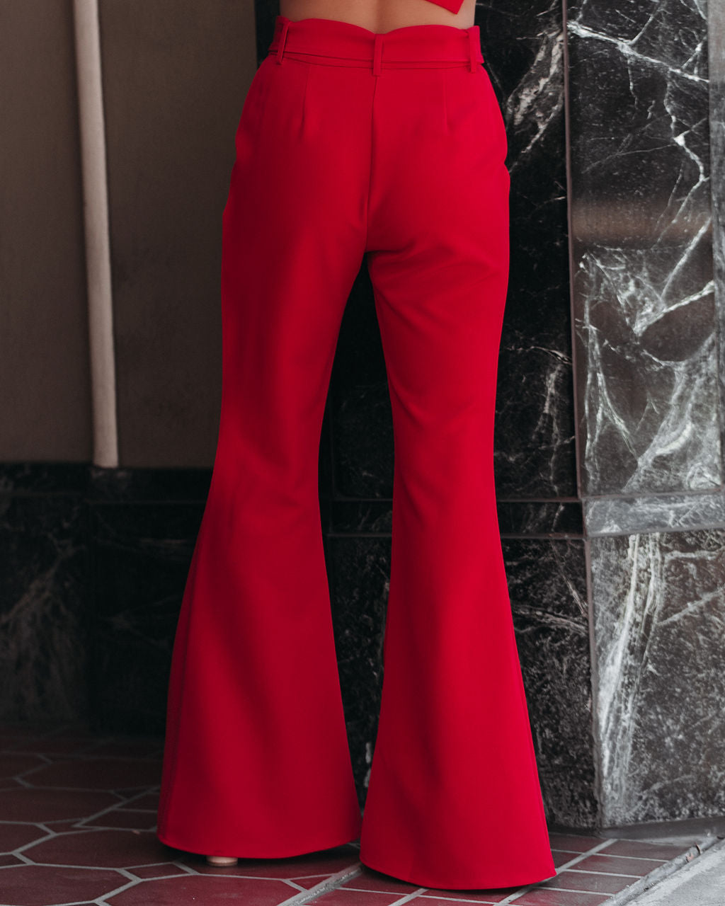 Runway Pocketed Belted Flare Trousers - Red