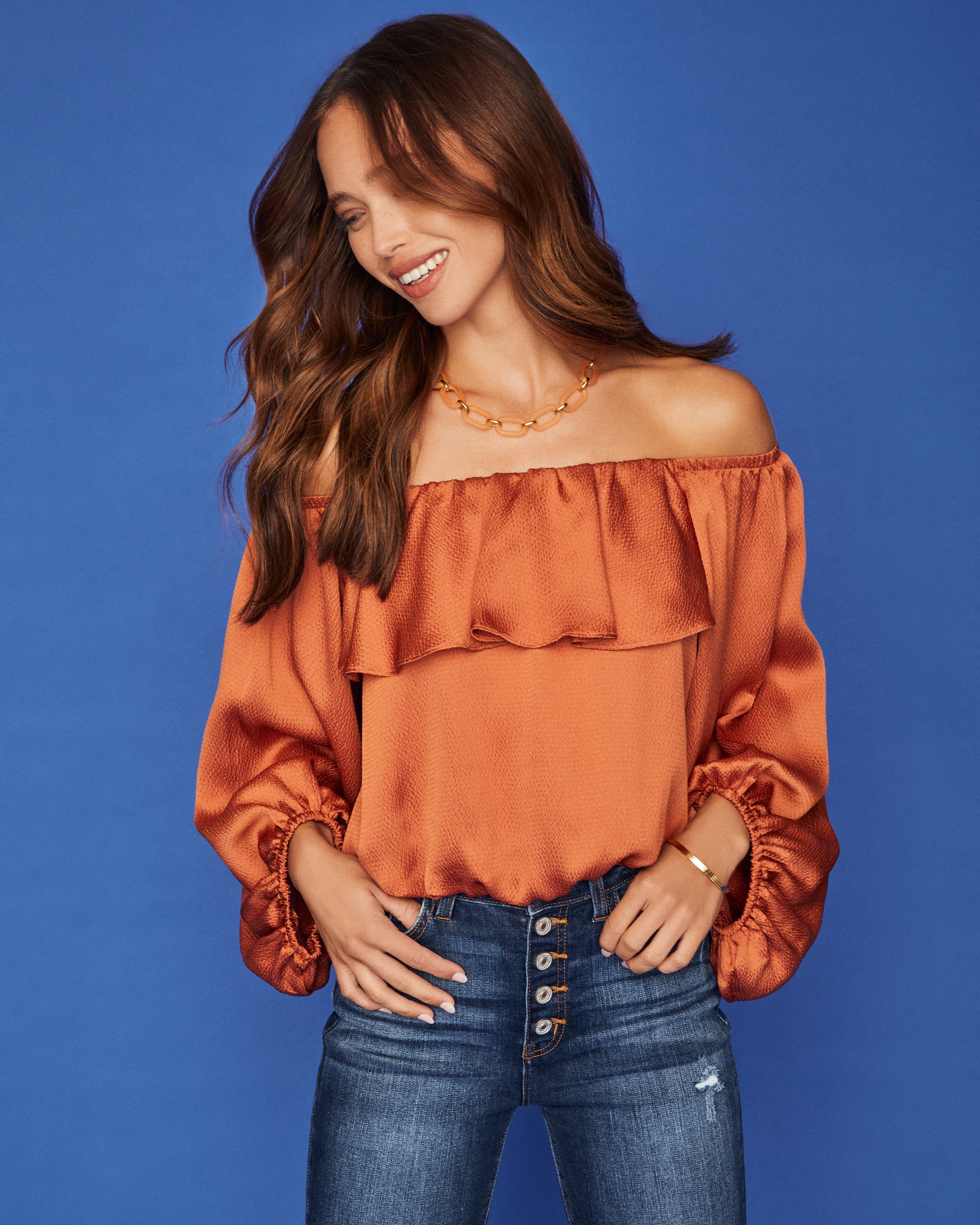 Sevyn Balloon Sleeve Off The Shoulder Blouse - Burnt Orange