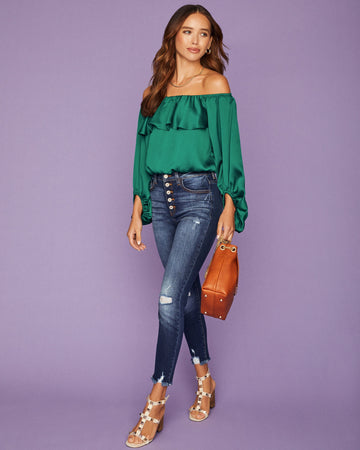 Sevyn Balloon Sleeve Off The Shoulder Blouse - Hunter Green