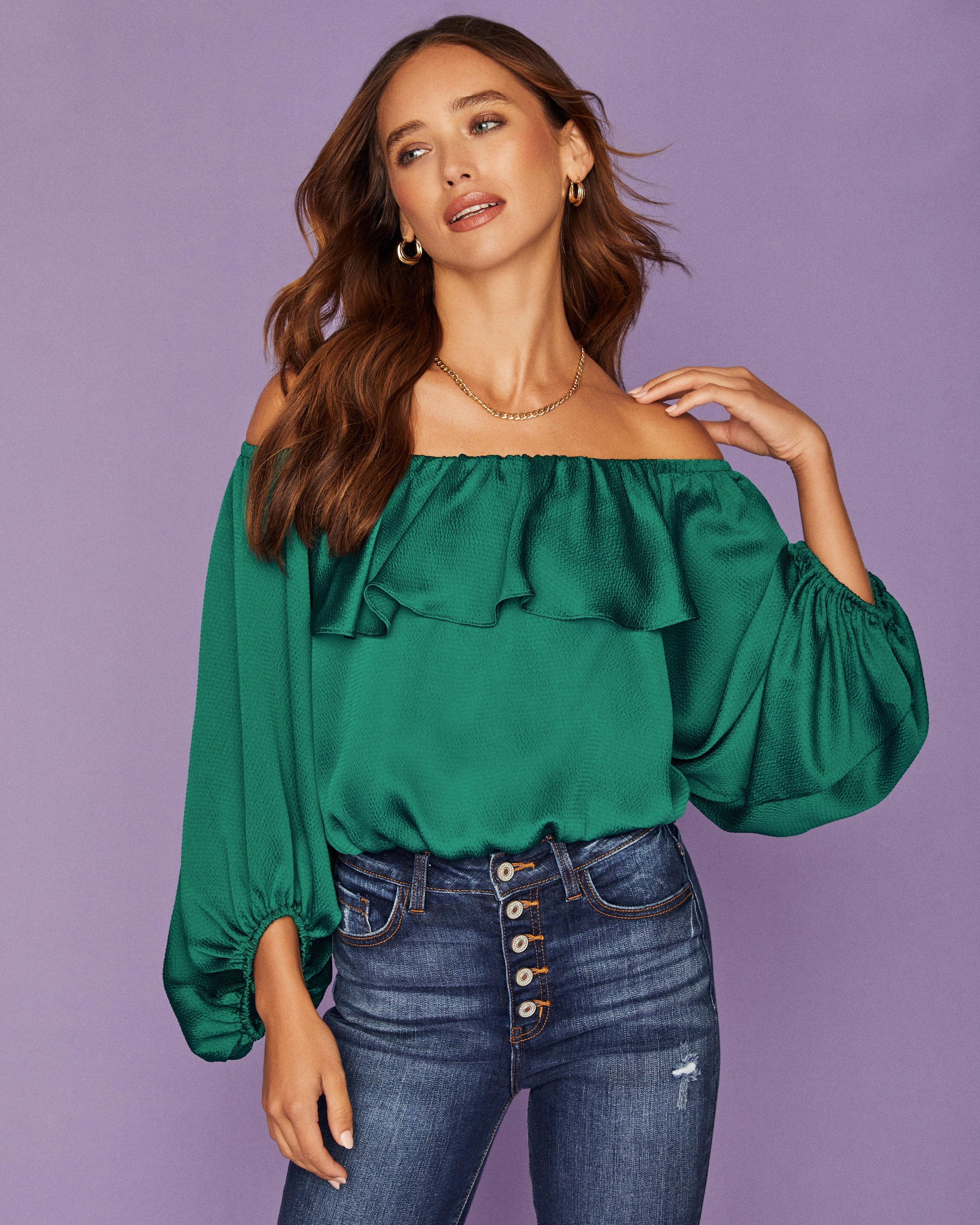 Sevyn Balloon Sleeve Off The Shoulder Blouse - Hunter Green