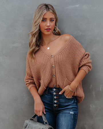 Seana Pocketed Button Front Knit Cardigan - Tan