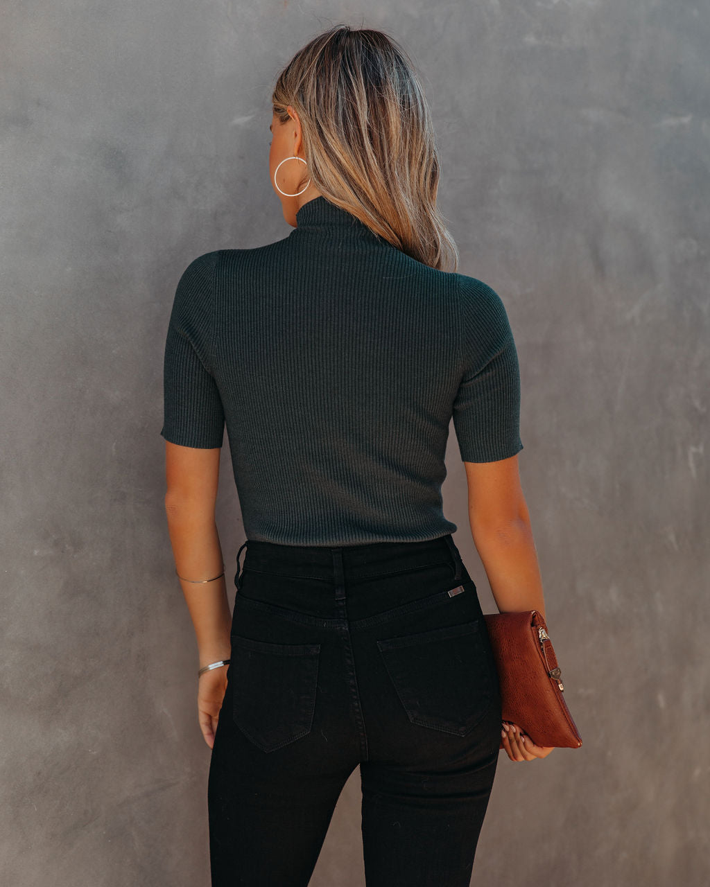 September Mock Neck Ribbed Knit Top - Pine