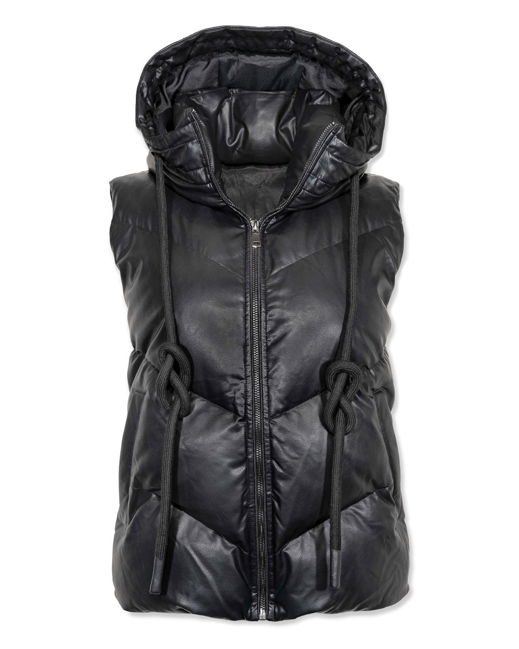 Shelton Pocketed Hooded Faux Leather Puffer Vest