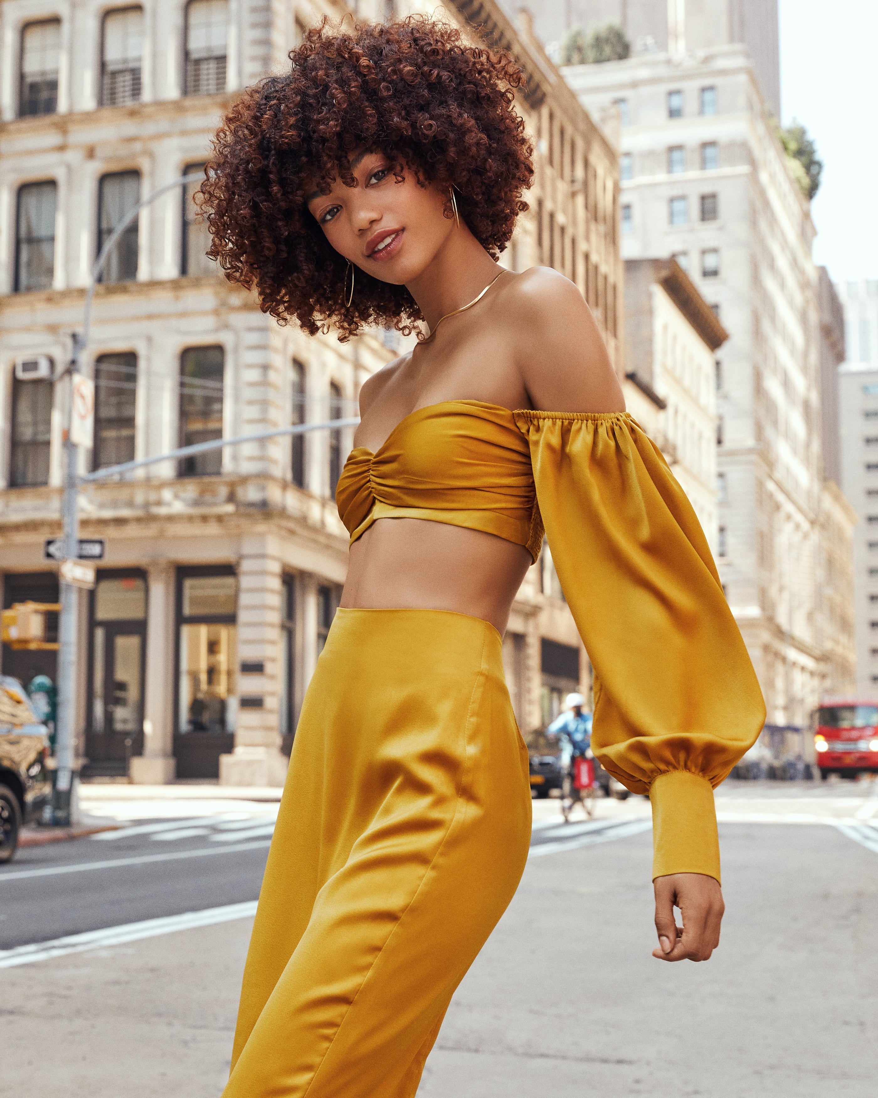 Leah Satin Long Sleeve Crop Top - Gold