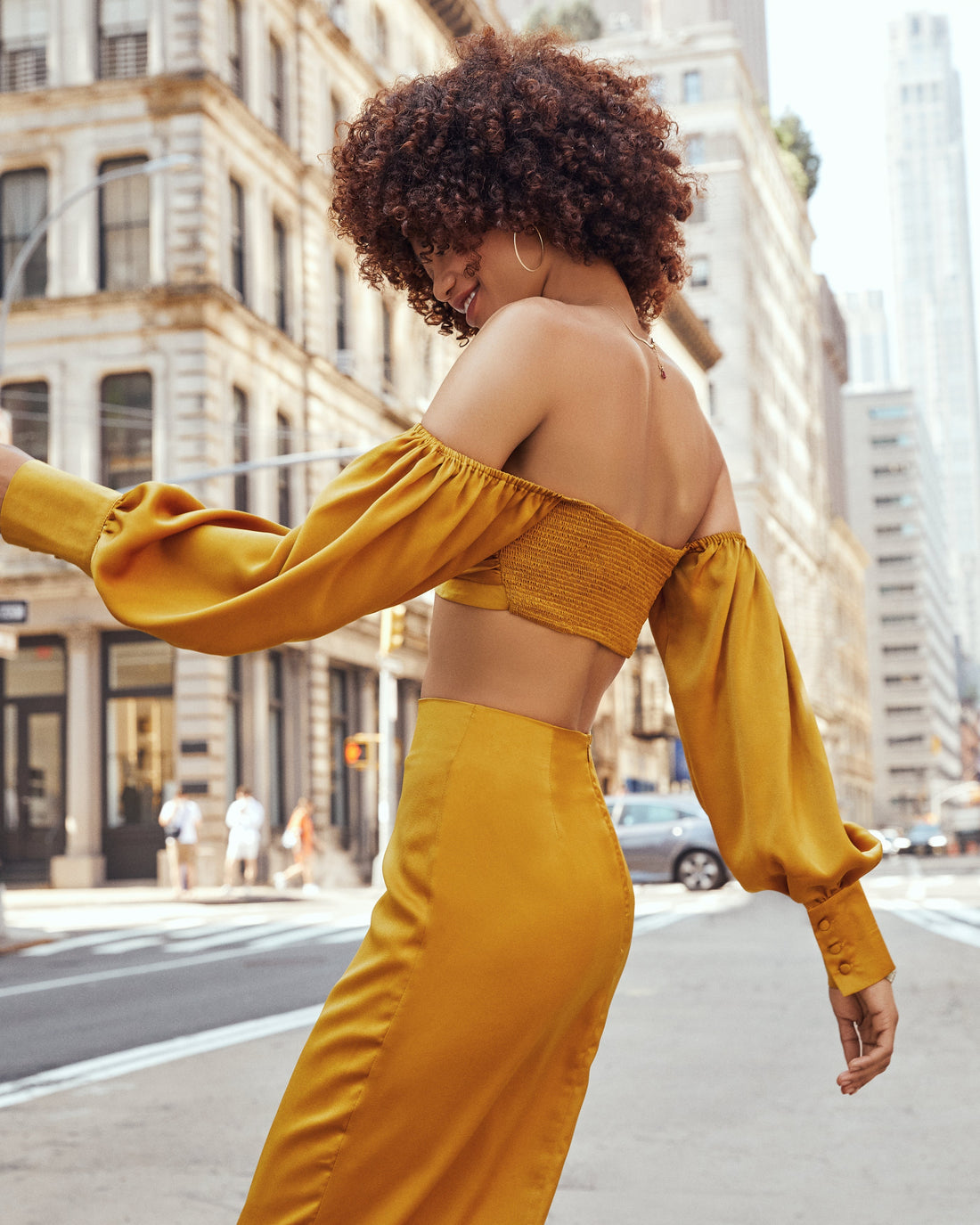 Leah Satin Long Sleeve Crop Top - Gold