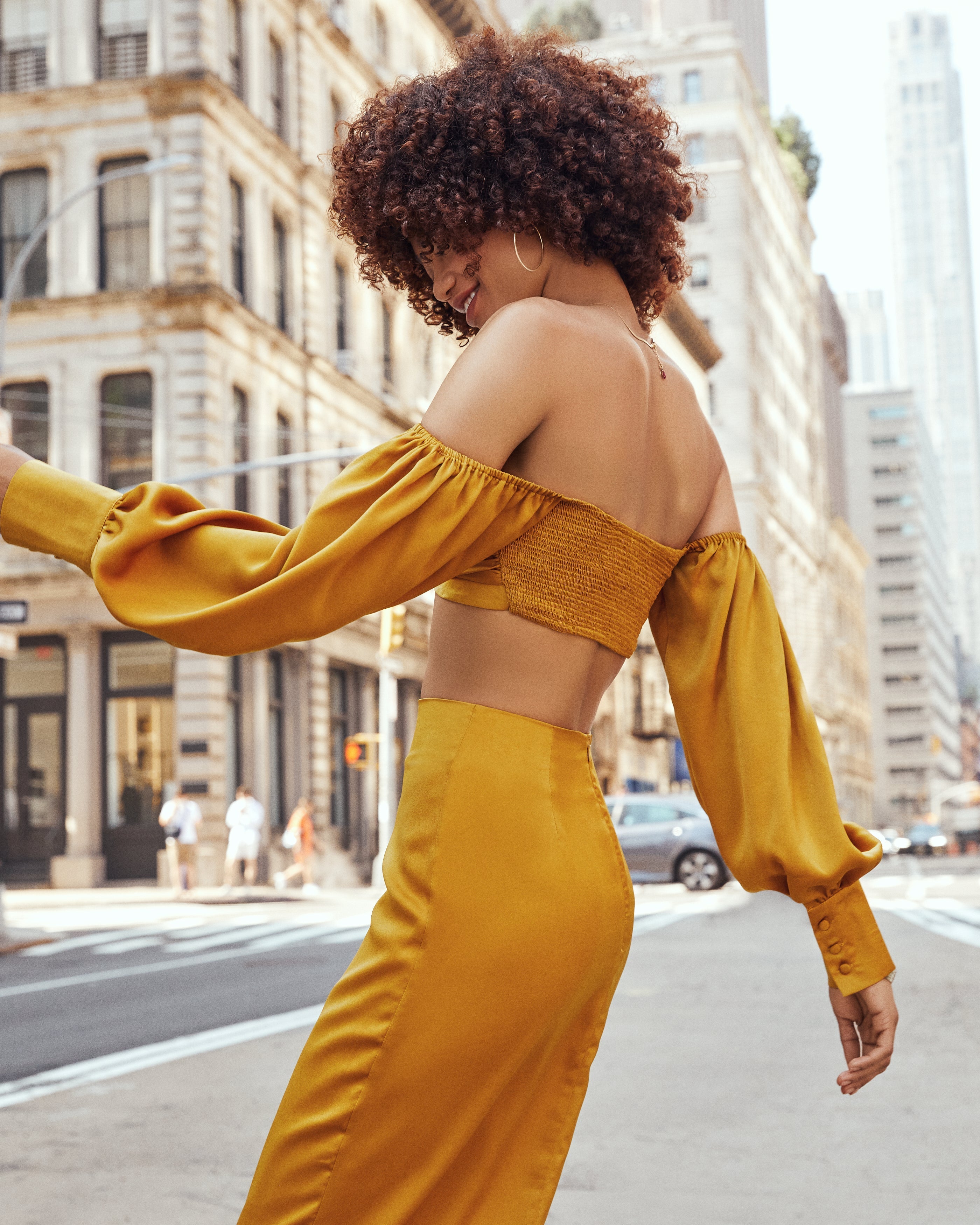 Leah Satin Long Sleeve Crop Top - Gold