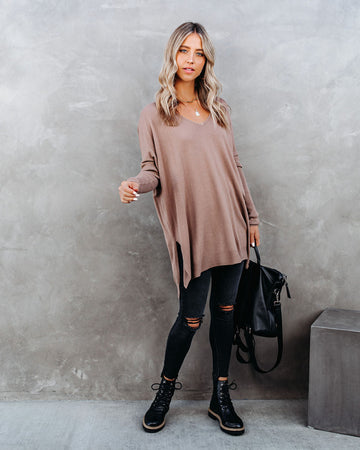 Vital V-Neck Ribbed Sleeve Sweater - Latte