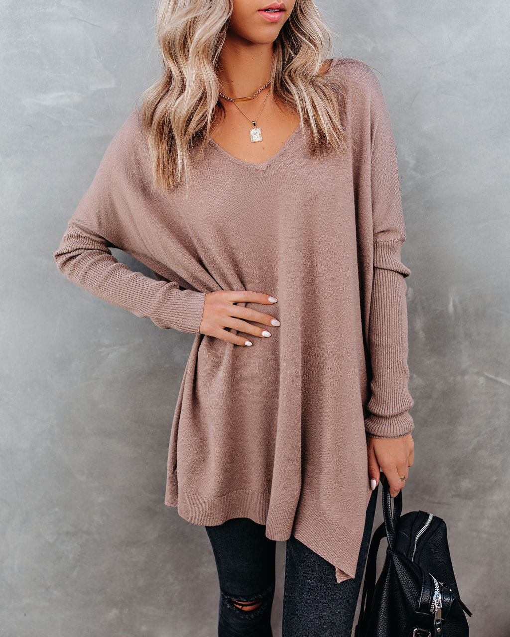 Vital V-Neck Ribbed Sleeve Sweater - Latte