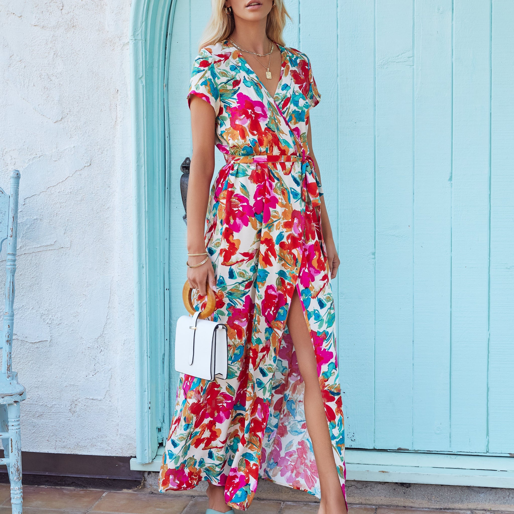 What In Carnation Bardot Wrap Maxi Dress