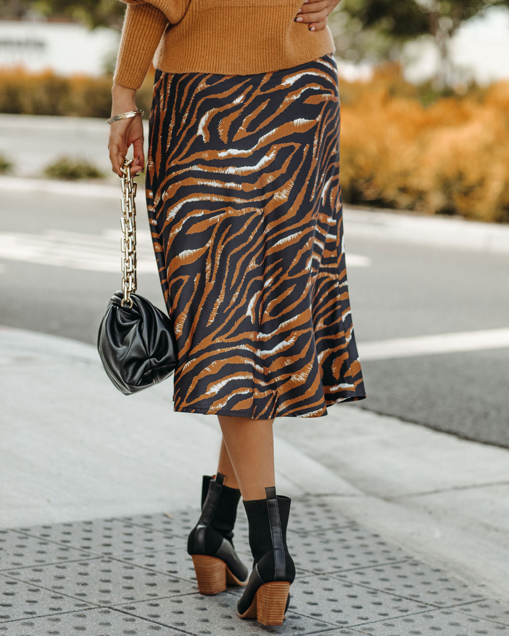 Xavier Satin Tiger Print Midi Skirt