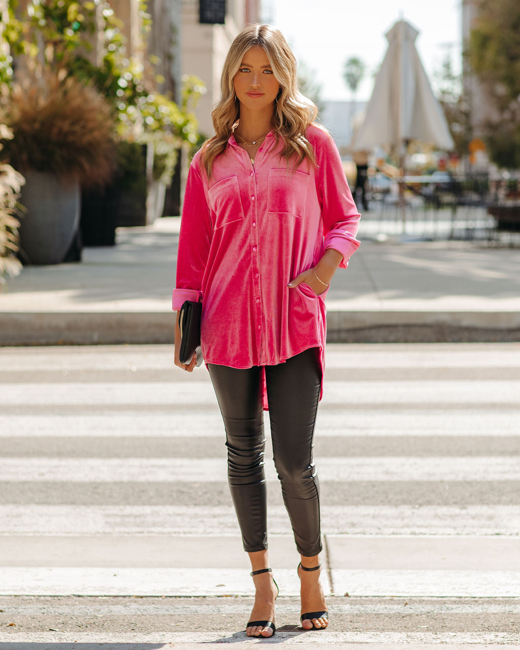 Zamora Pocketed Velvet Button Down Top - Fuchsia