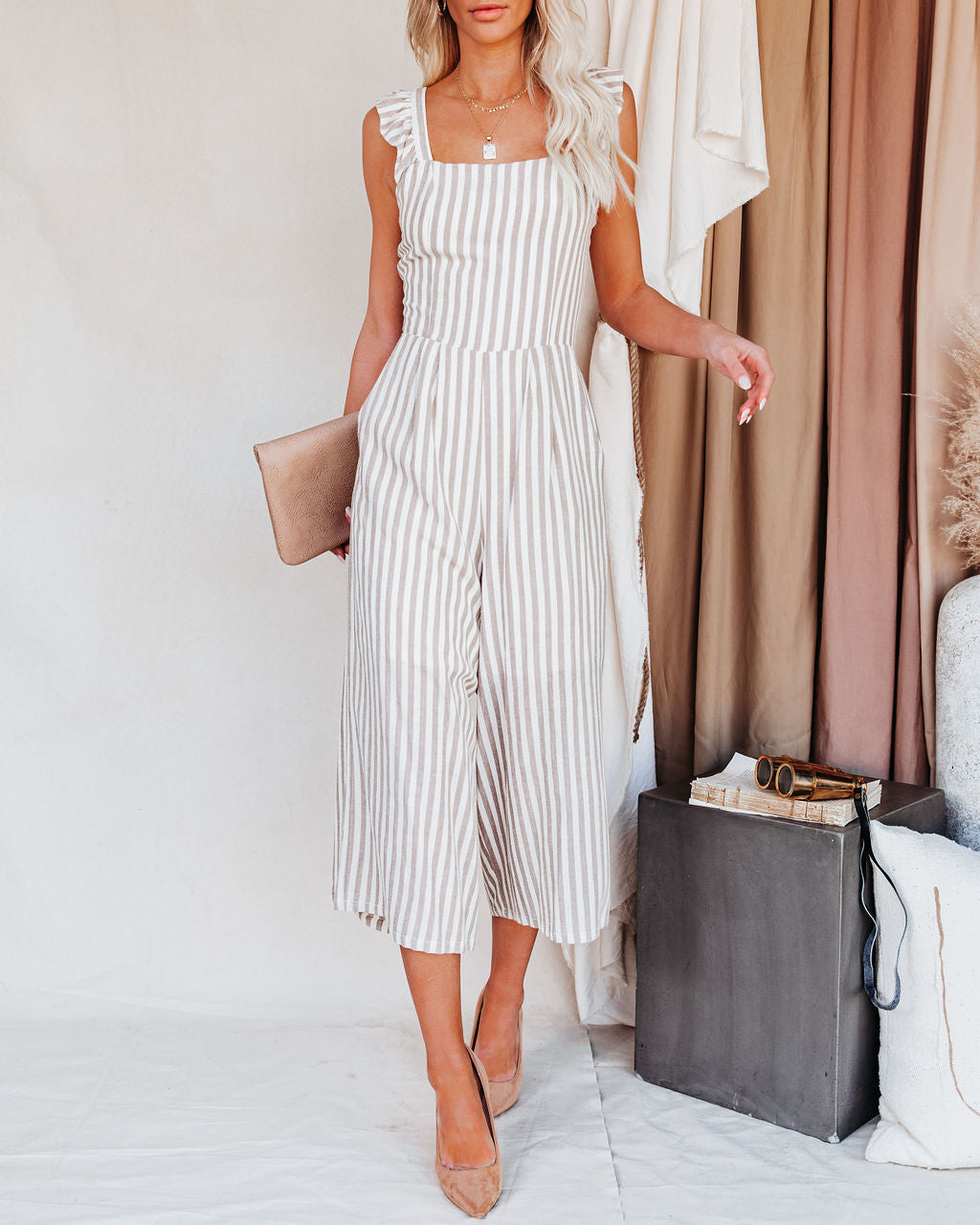 Flip Side Cotton Blend Pocketed Striped Ruffle Jumpsuit - Taupe