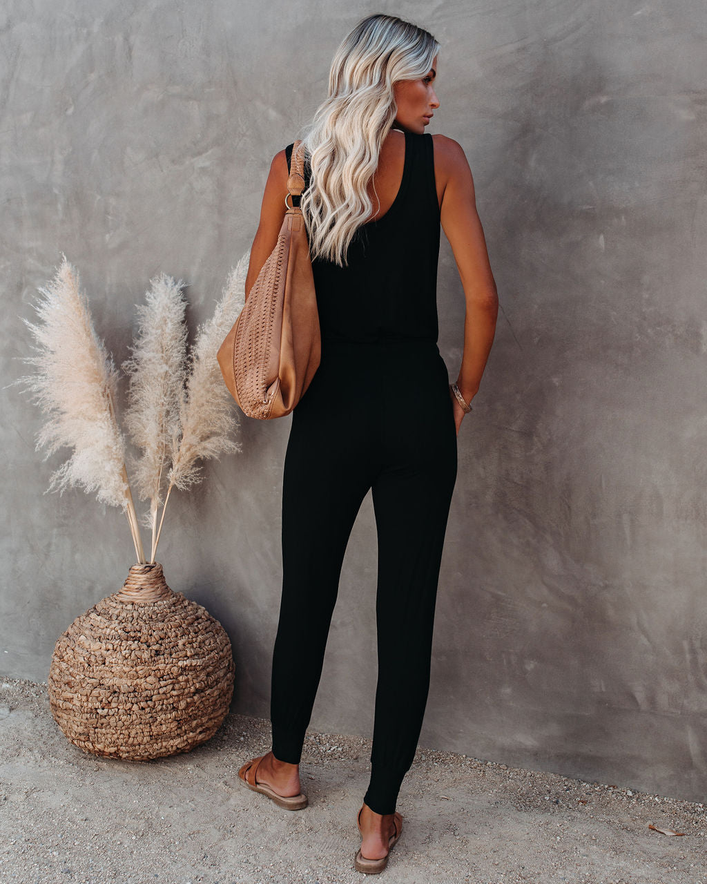 Forward Pocketed Drawstring Jumpsuit - Black
