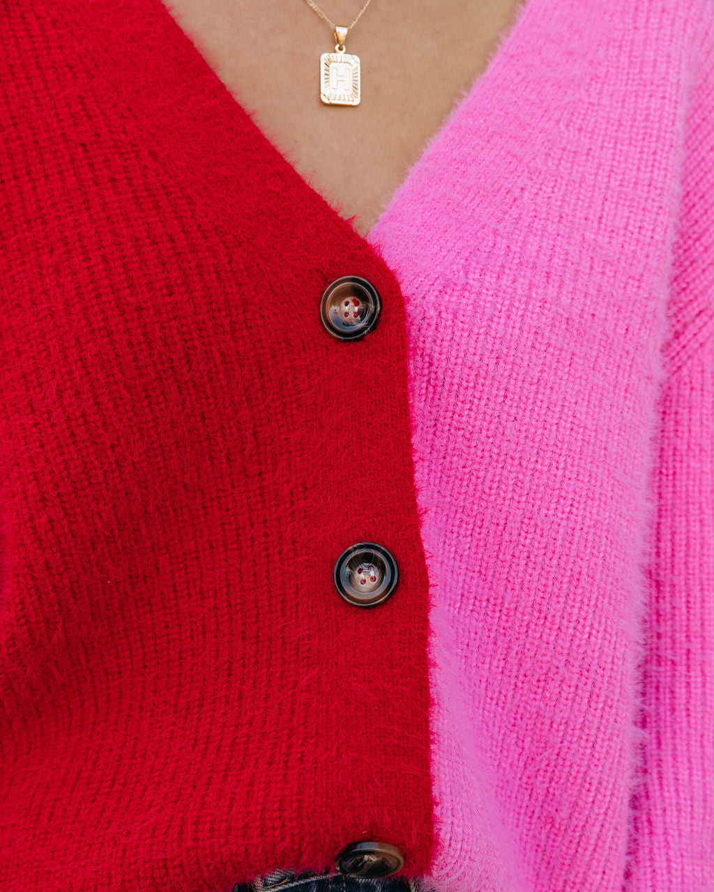 Frostine Button Front Colorblock Cardigan - Pink Red
