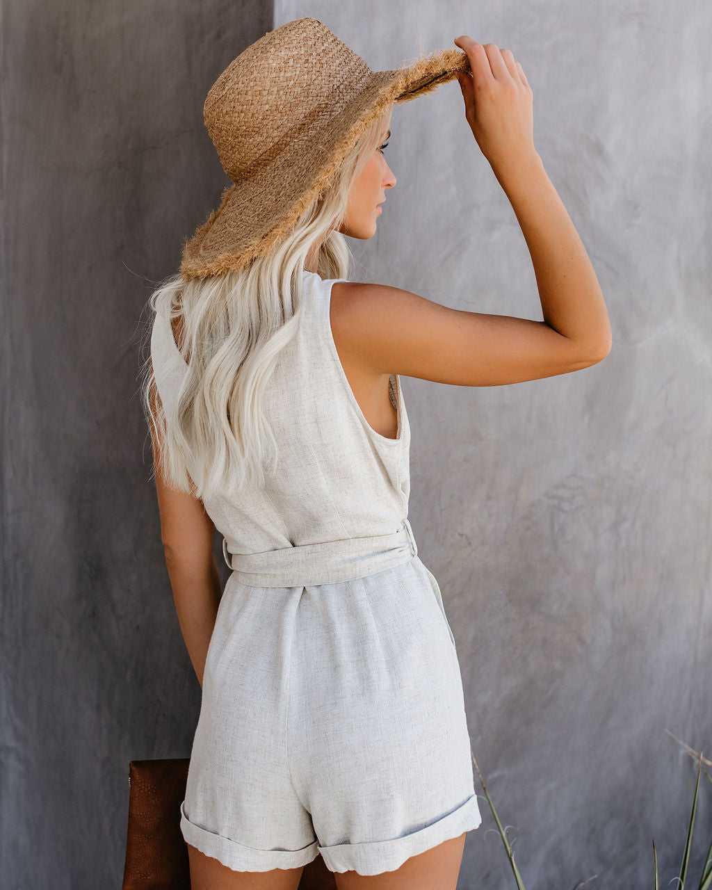 Garner Pocketed Button Down Tie Romper - Natural