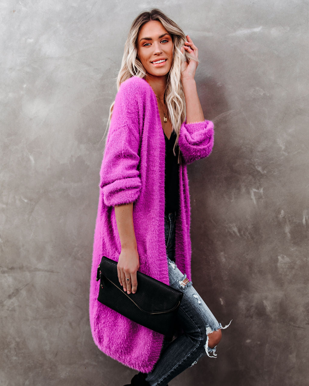Glorious Pocketed Fuzzy Knit Cardigan - Magenta