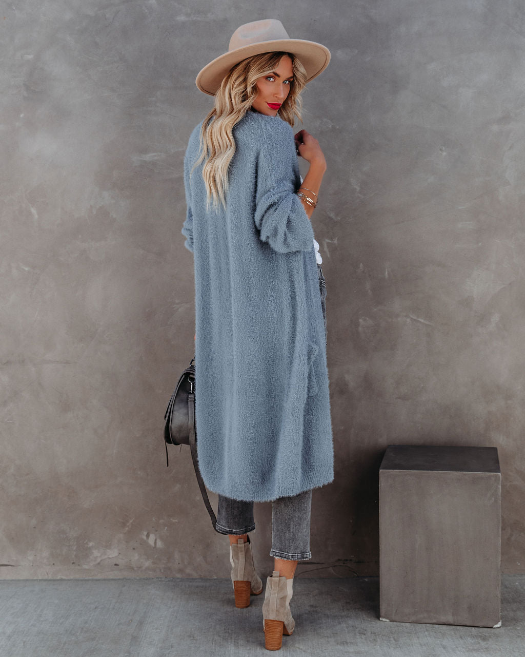 Glorious Pocketed Fuzzy Knit Cardigan - Grey Blue