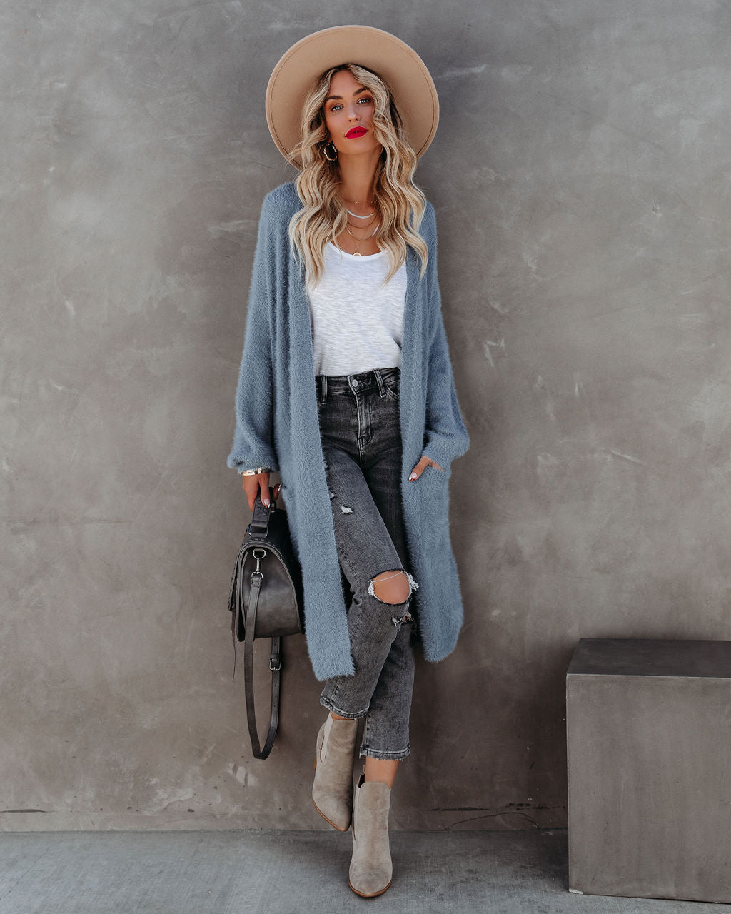 Glorious Pocketed Fuzzy Knit Cardigan - Grey Blue