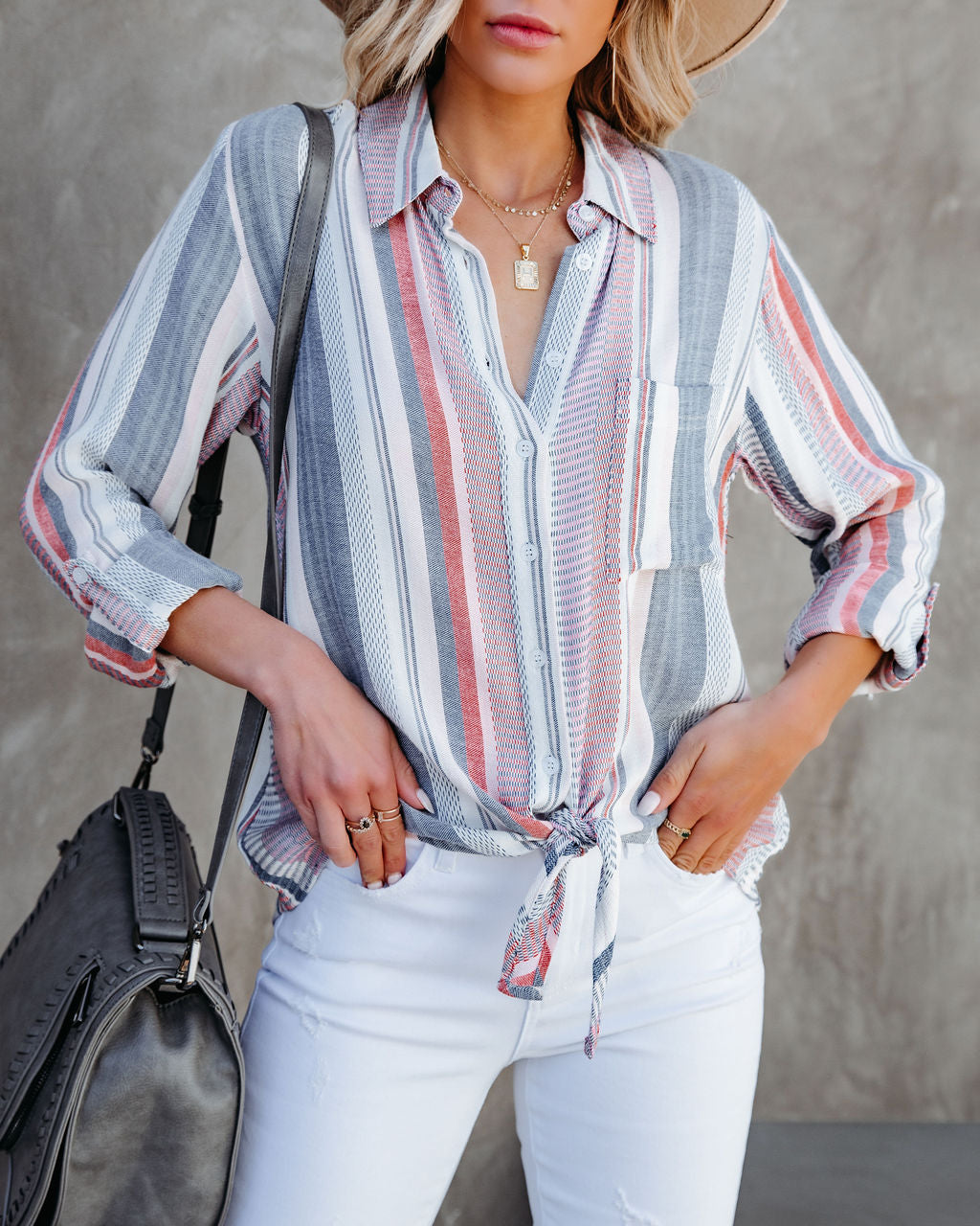 Good Vibrations Woven Button Down Tie Top