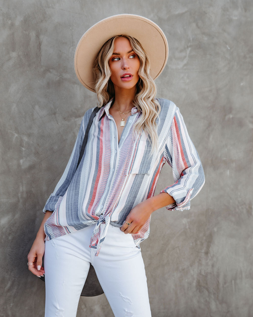 Good Vibrations Woven Button Down Tie Top