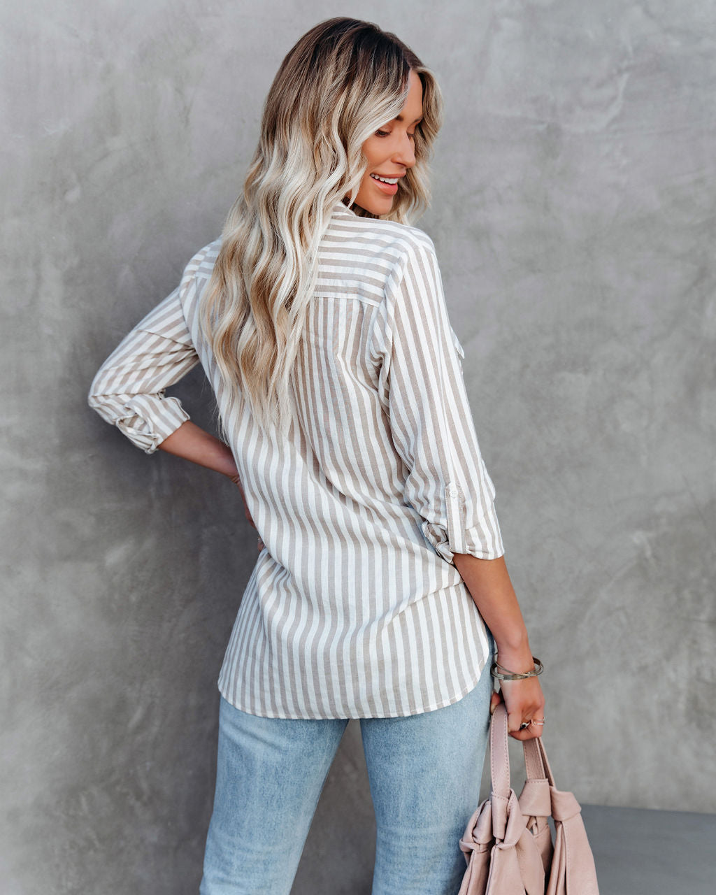 Greenport Cotton Blend Striped Button Down Top - Taupe