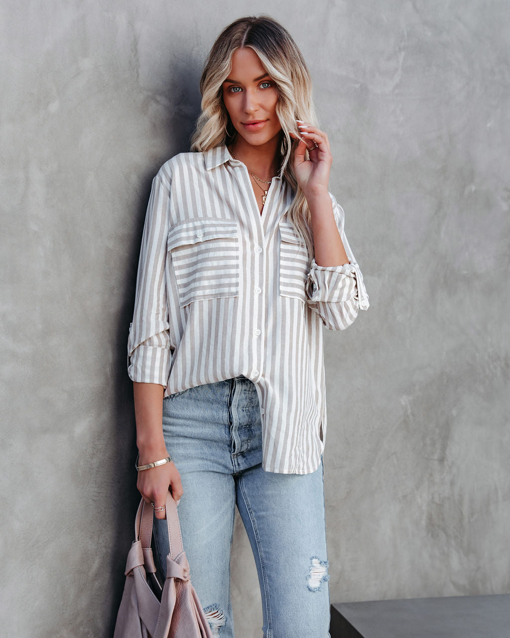 Greenport Cotton Blend Striped Button Down Top - Taupe