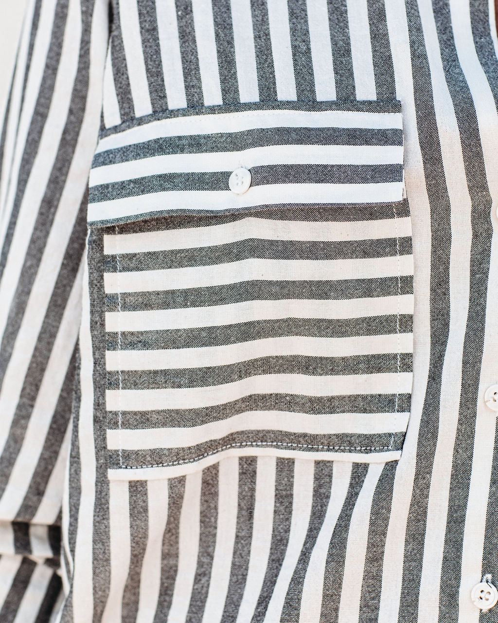 Greenport Cotton Blend Striped Button Down Top - Asphalt