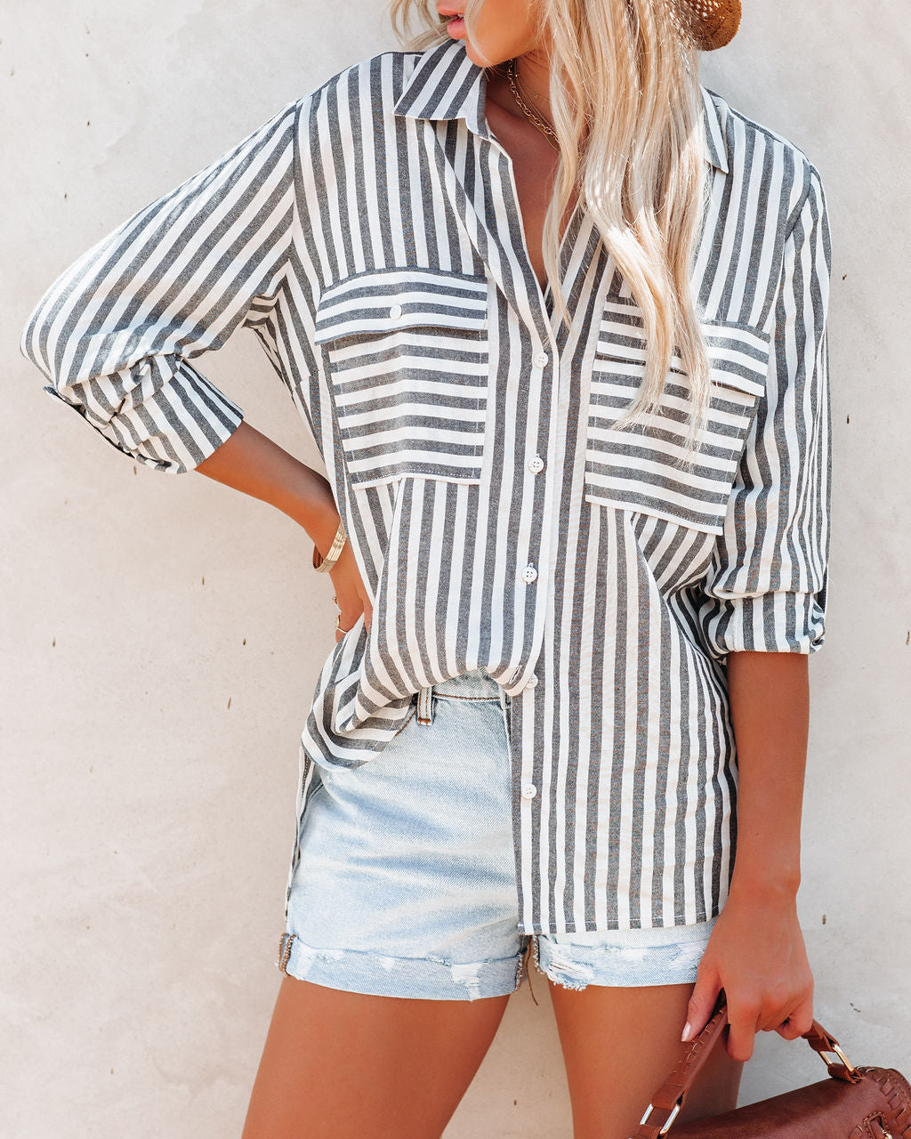 Greenport Cotton Blend Striped Button Down Top - Asphalt
