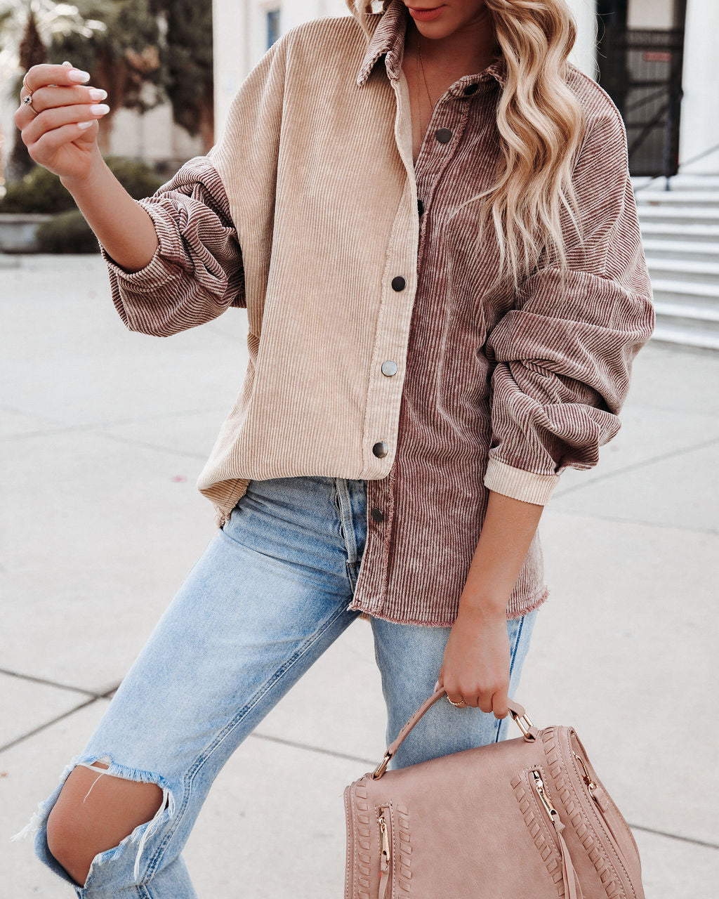 Gus Cotton Colorblock Corduroy Shacket - Chocolate Beige