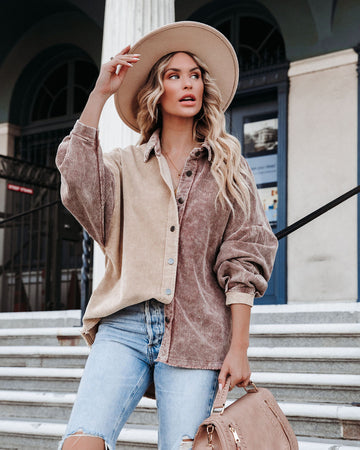 Gus Cotton Colorblock Corduroy Shacket - Chocolate Beige