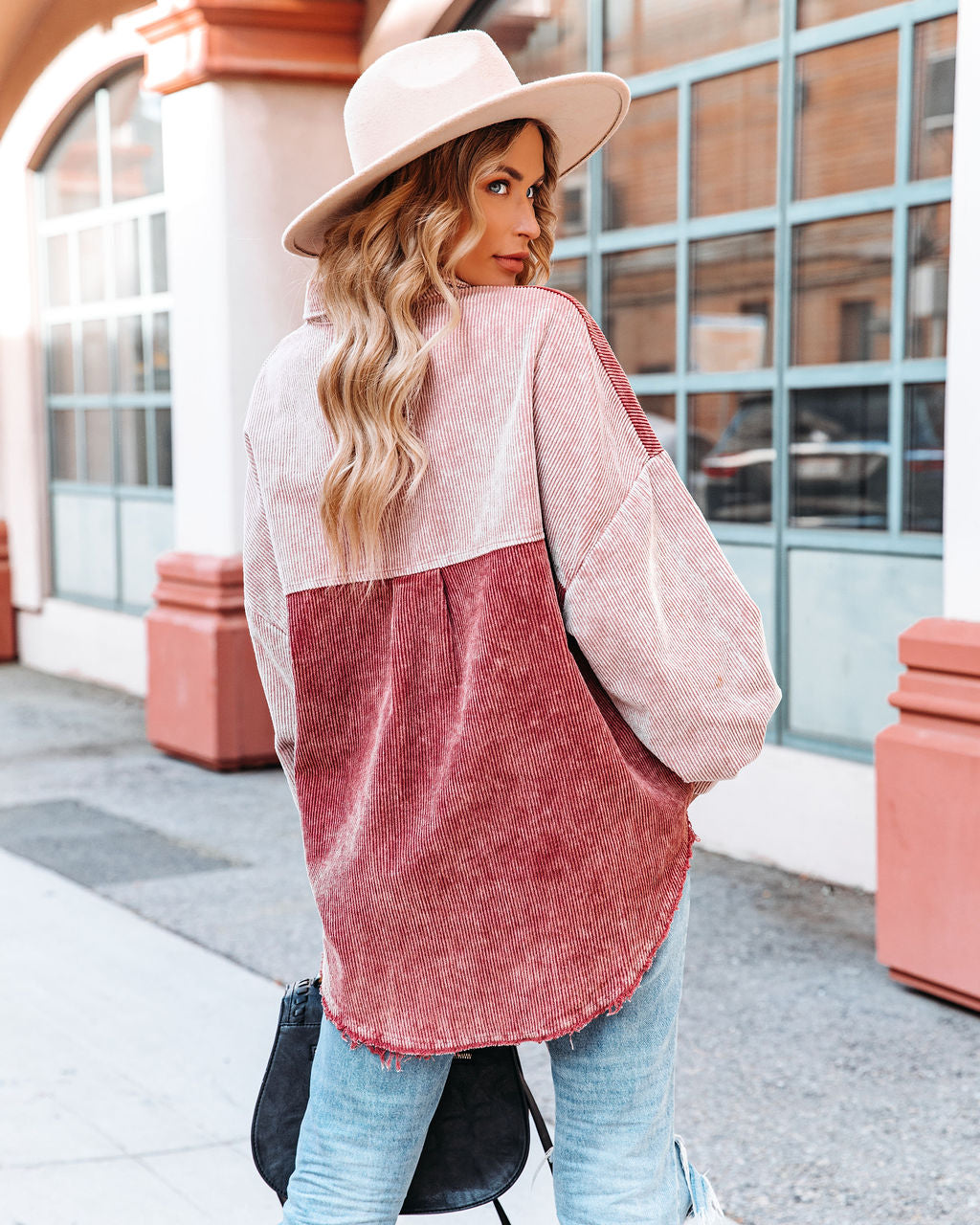 Gus Cotton Colorblock Corduroy Shacket - Rose Burgundy